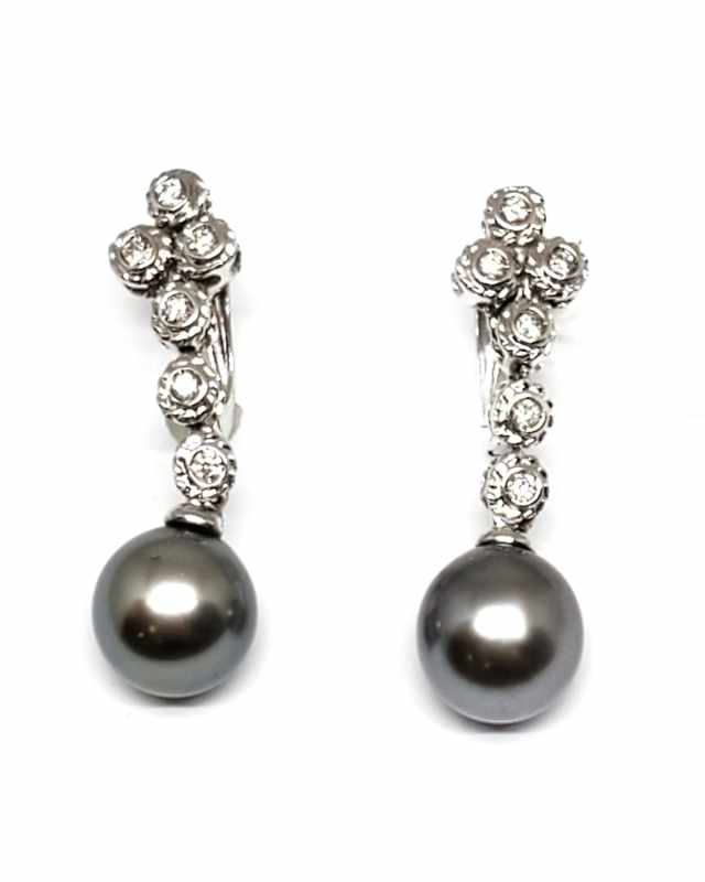 18K White Gold Diamond and Tahitian Pearl Drop Earrings